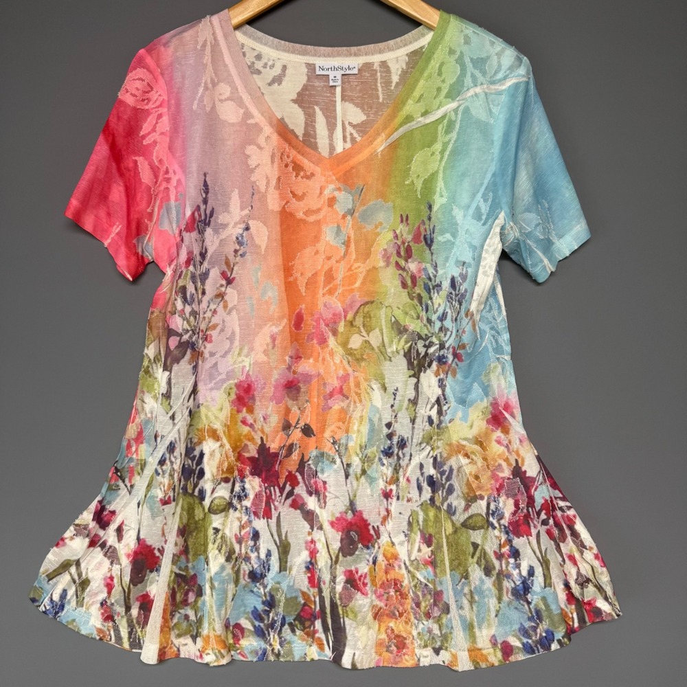 NorthStyle Womens Rainbow Floral V-Neck Flared Tunic Top Multi Color Size M